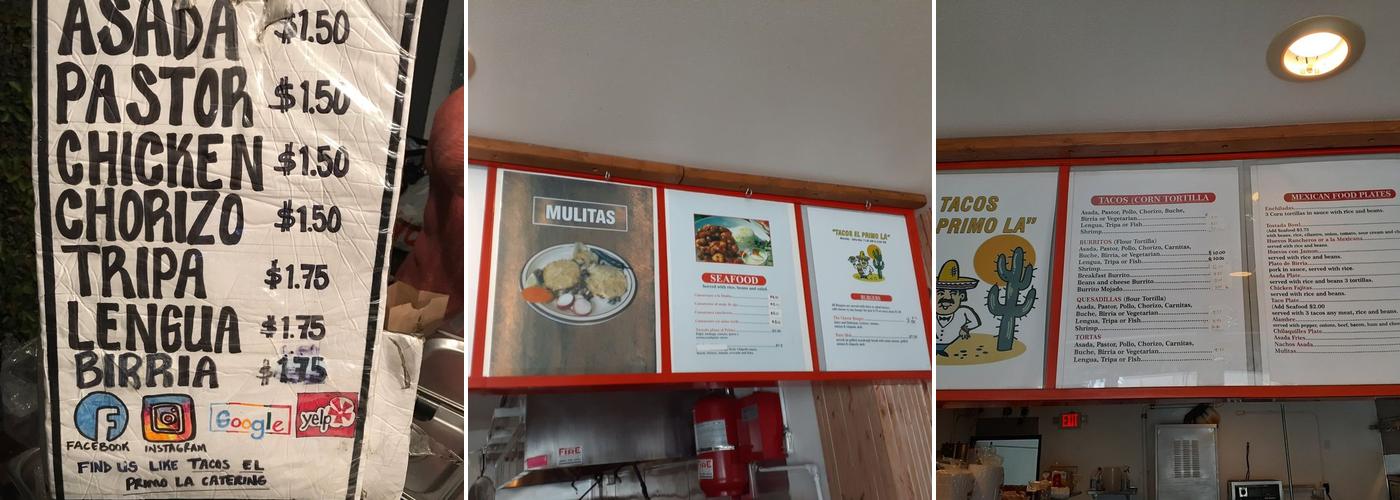 TACOS EL PRIMO Menu