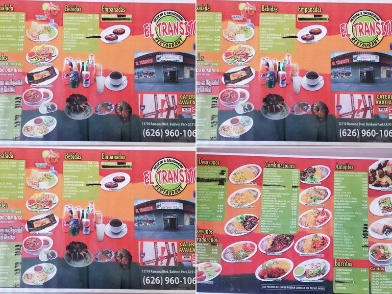 El Transito Mexican & Salvadorian Restaurant Menu