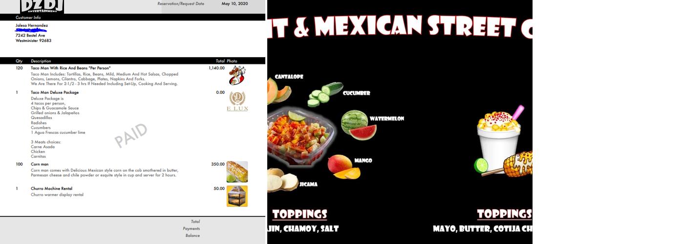 Dannys Tacos and Dj Service Menu