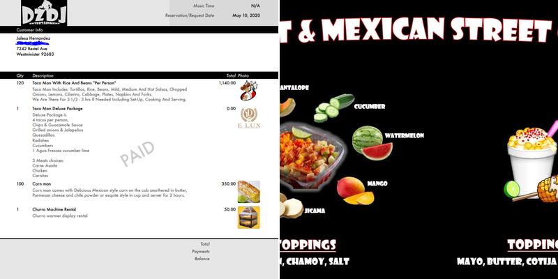 Dannys Tacos and Dj Service Menu