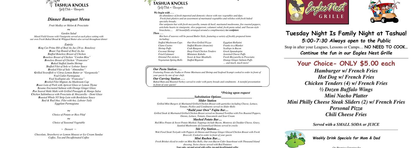 Tashua Knolls Banquets Menu