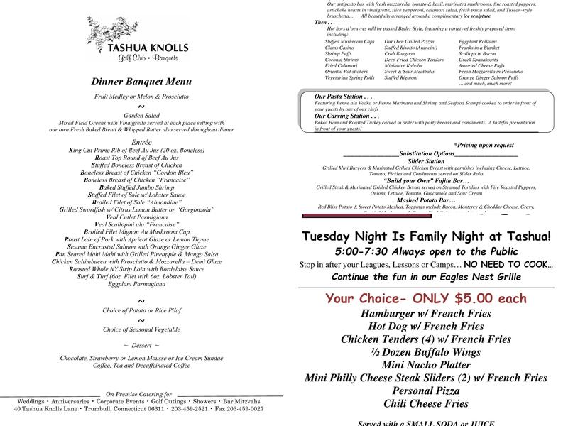 Tashua Knolls Banquets Menu