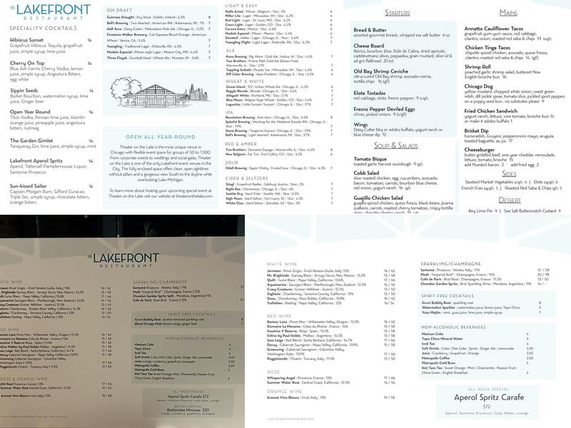 The Lakefront Restaurant at Theater on the Lake Menu