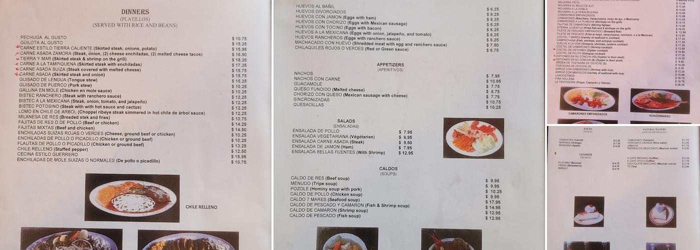 Bellas Fuentes Menu