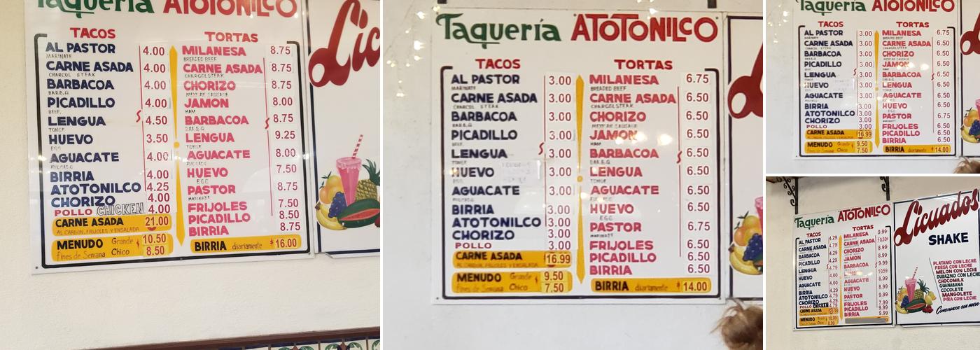 Taquerías Atotonilco Menu