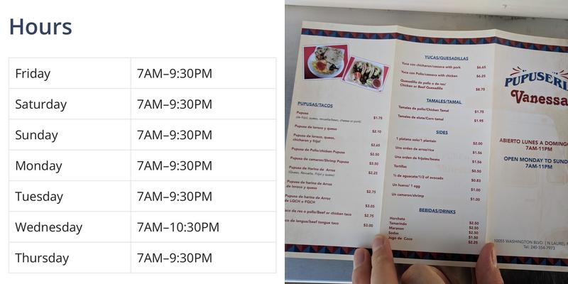 Pupuseria Vanessa Menu