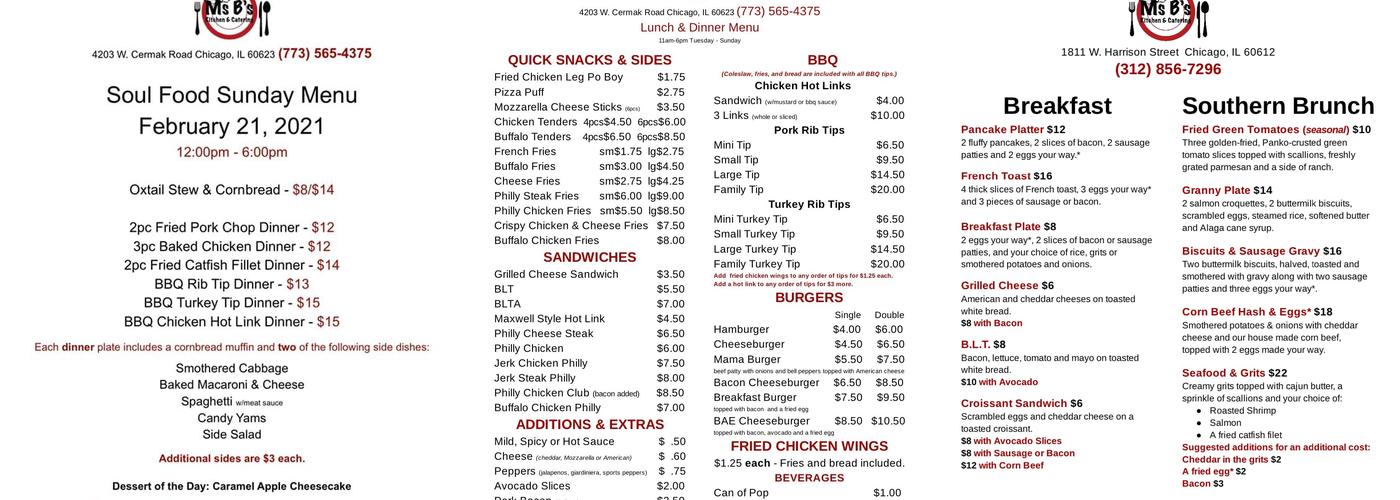 Ms.B's Kitchen & Catering Menu