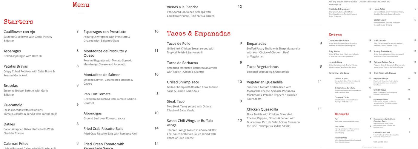 Riviera Tapas Bar Menu