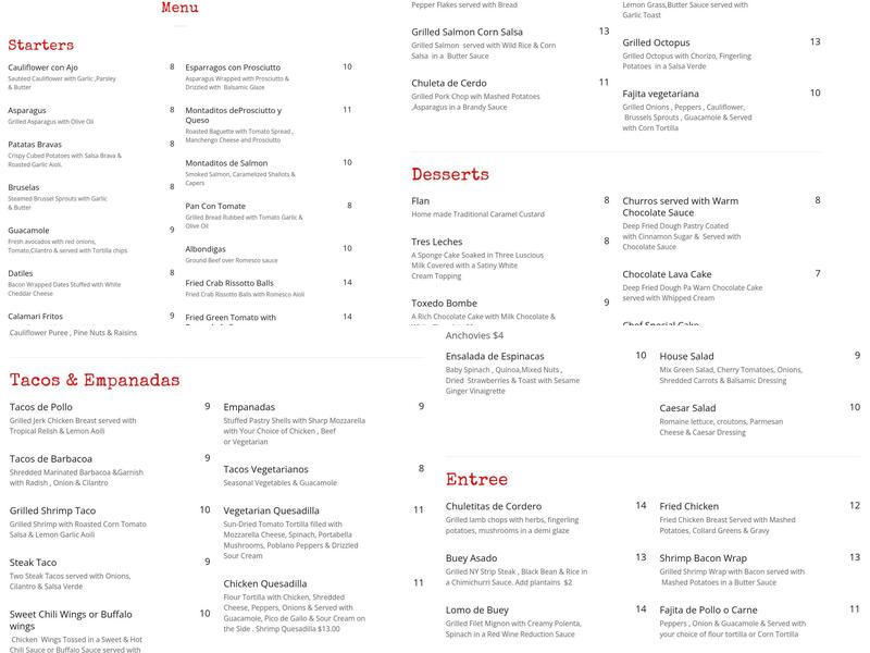 Riviera Tapas Bar Menu