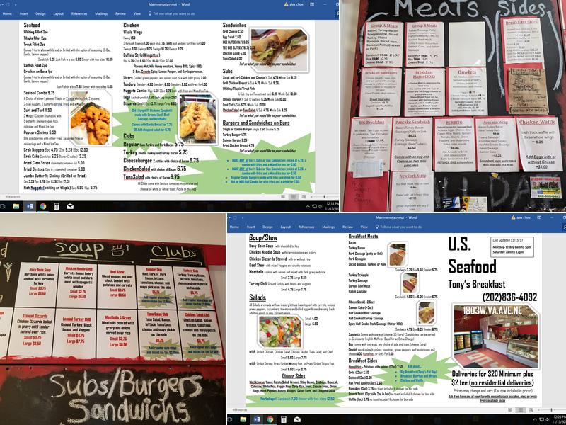 US Seafood/Tony's Breakfast Menu