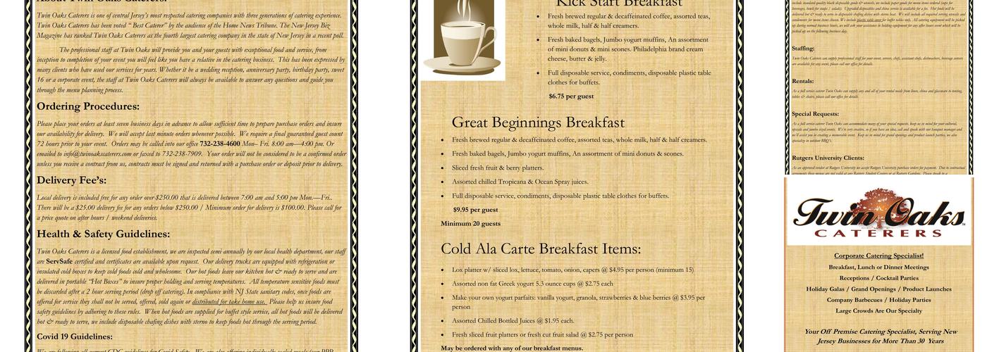 Twin Oaks Caterers Menu