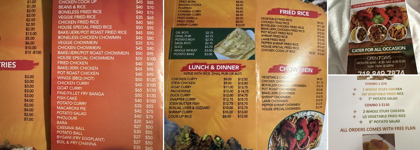 Farieda's Dhal Puri Hut Menu
