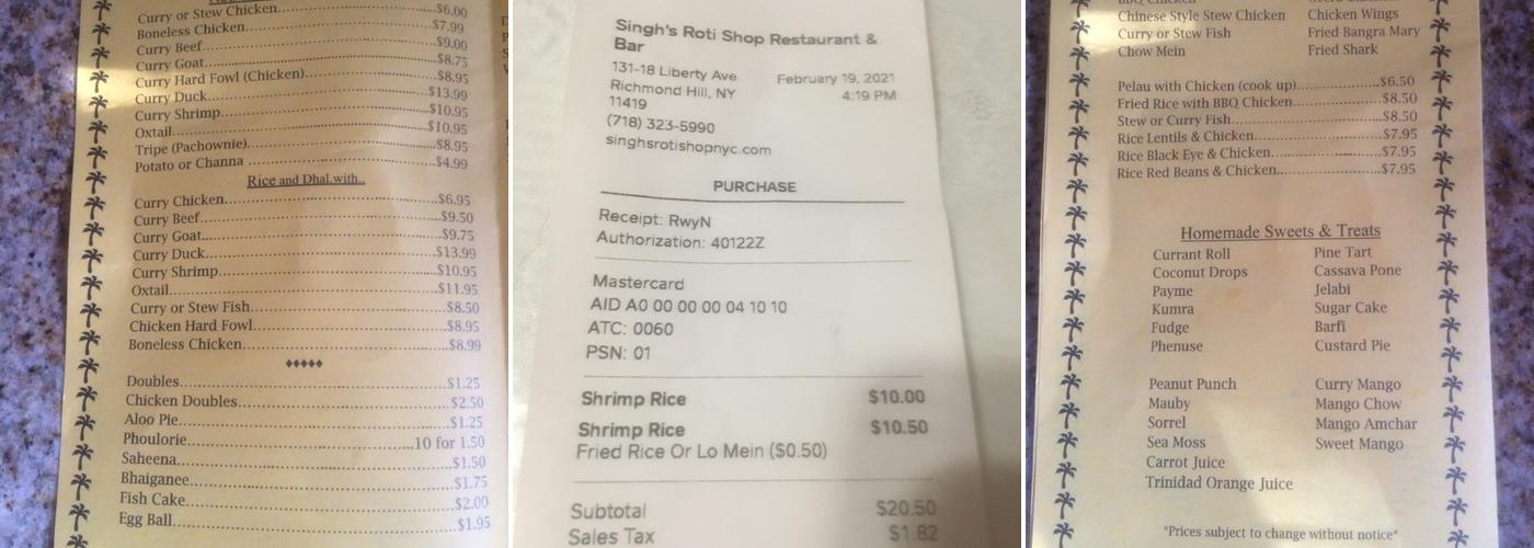 Sonia's Roti Shop Inc Menu