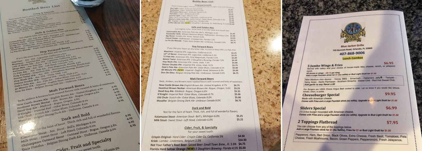 Blue Jacket Grill Menu