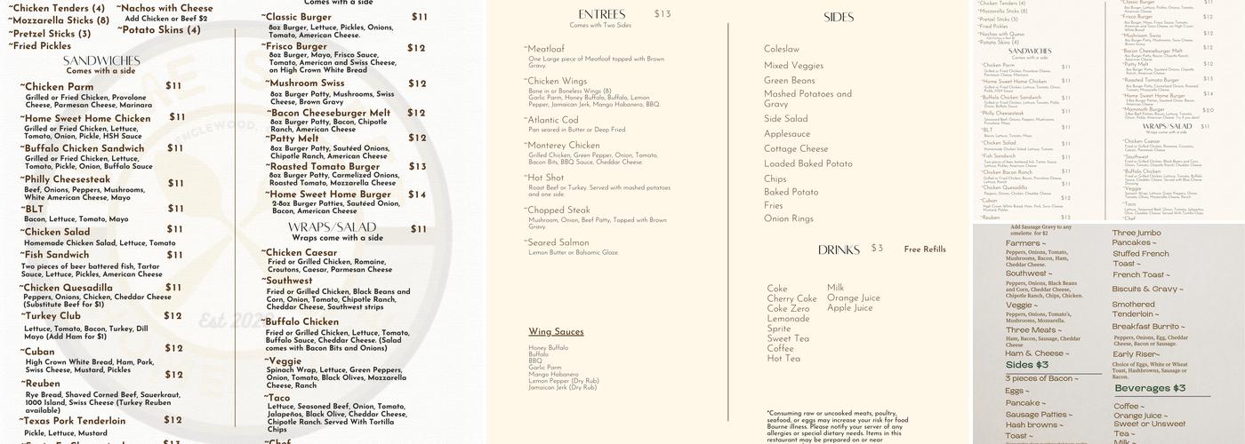 Home Sweet Home Cafe Menu