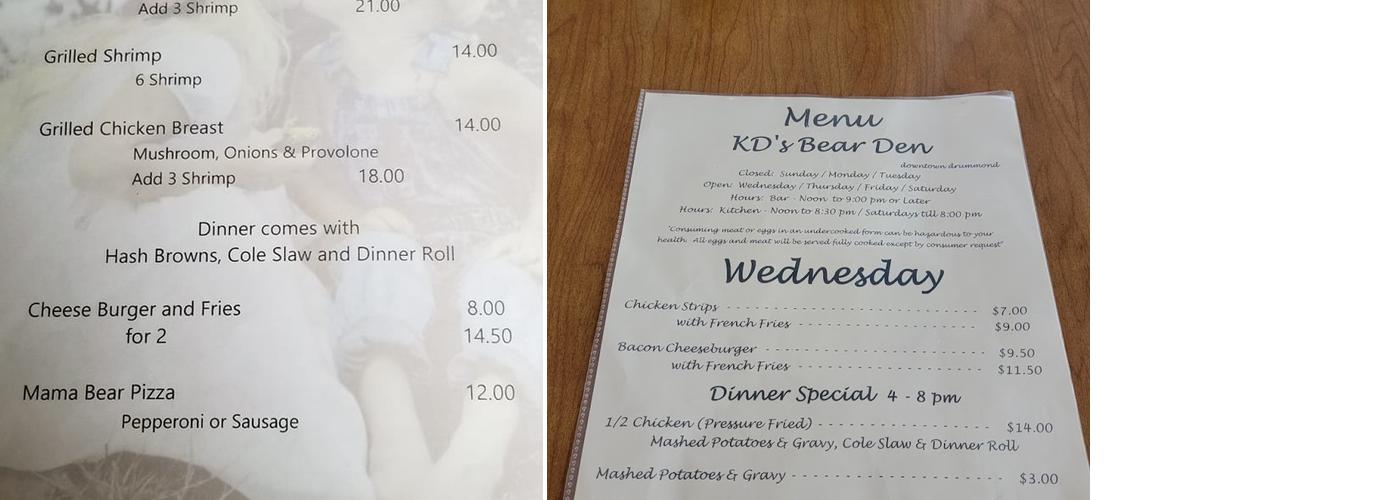 Kd's Bear Den Menu