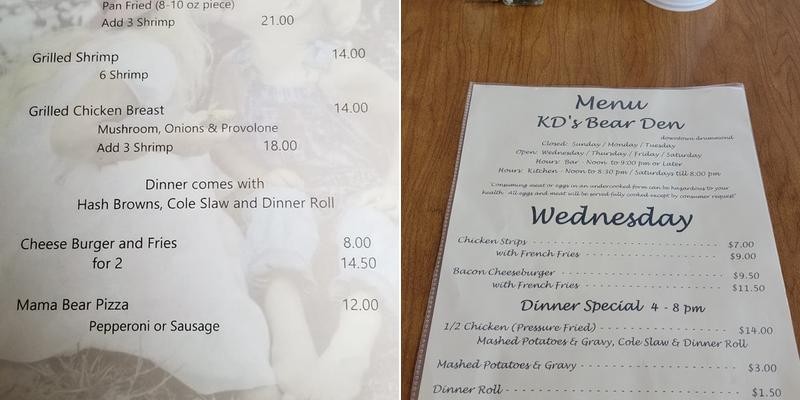 Kd's Bear Den Menu