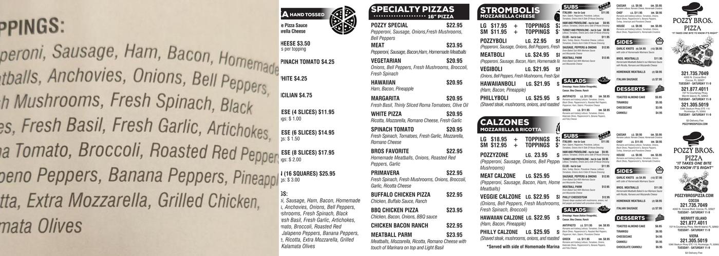 Pozzy Bros Pizza Menu