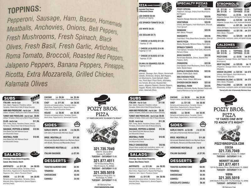 Pozzy Bros Pizza Menu