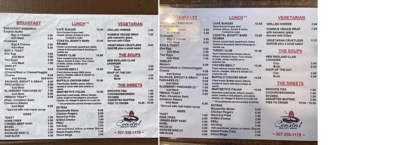 Coastal Bounty Barn Menu