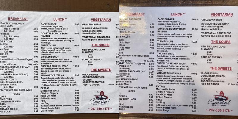 Coastal Bounty Barn Menu