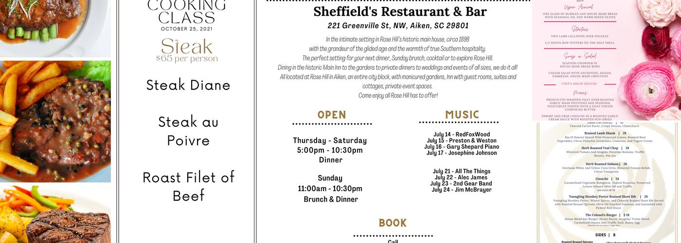 Sheffield's at Rose Hill in Aiken Menu