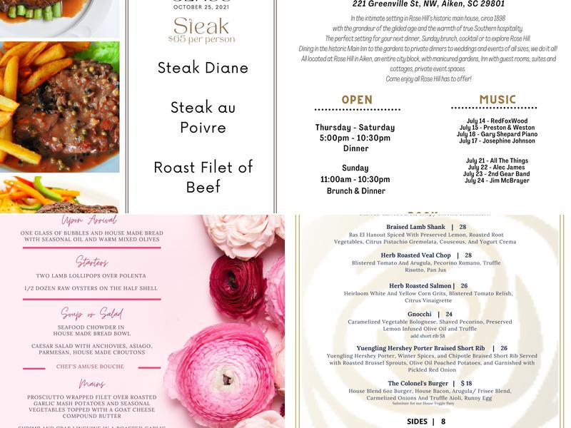 Sheffield's at Rose Hill in Aiken Menu