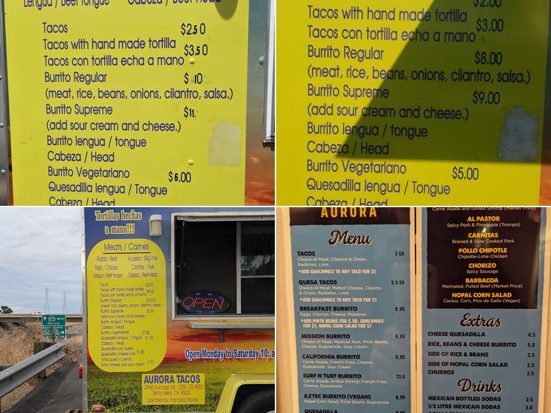 Aurora Tacos Menu