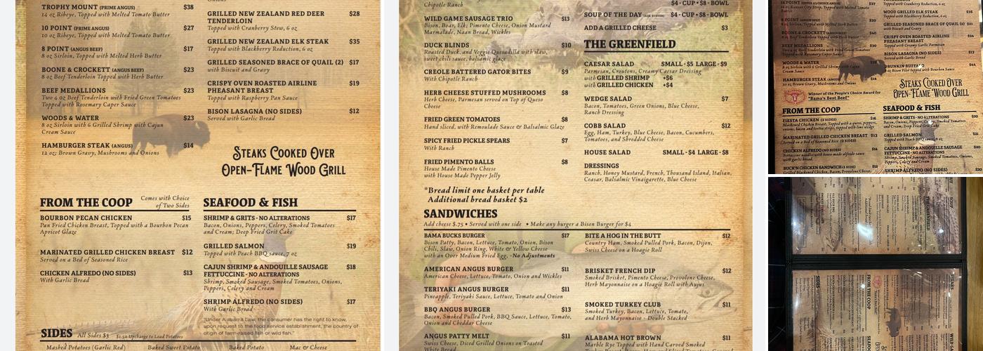 Bama Bucks Menu