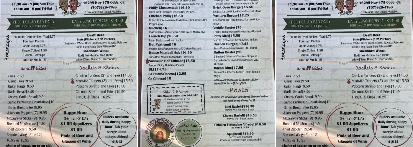 Cobb Mountain Pizza Menu