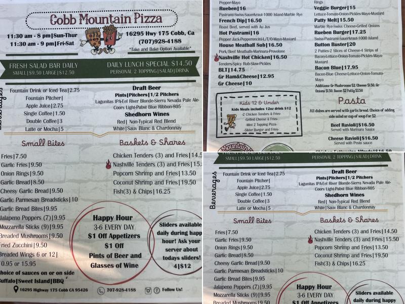 Cobb Mountain Pizza Menu