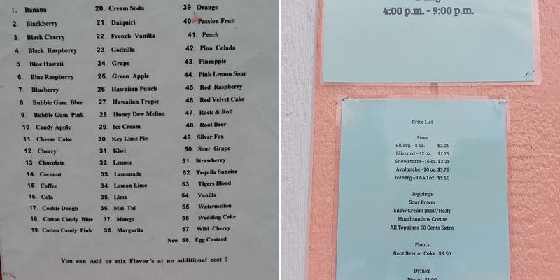 Bahama Sno Shack Menu