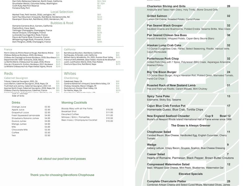 Elevations Chophouse @ SKYLARANNA Resort & SPA Menu