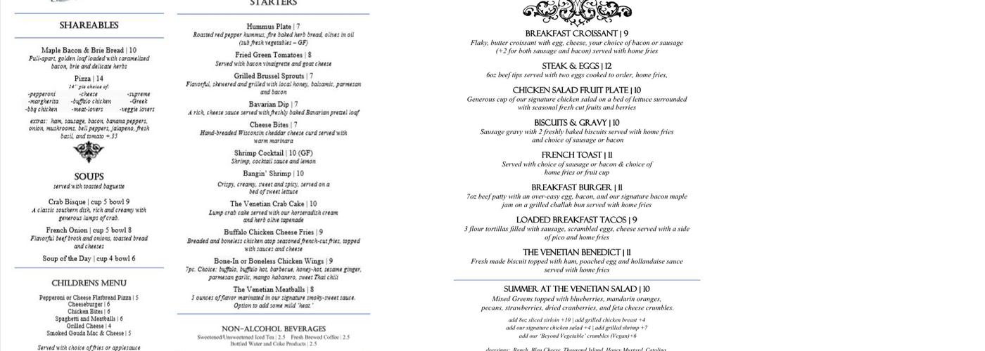 The Venetian Pub Menu
