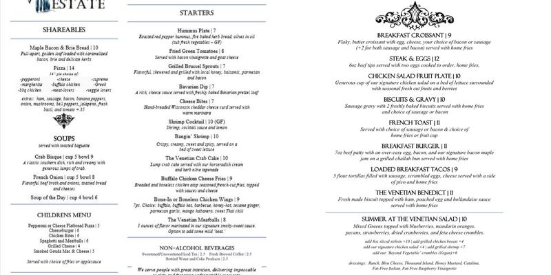 The Venetian Pub Menu