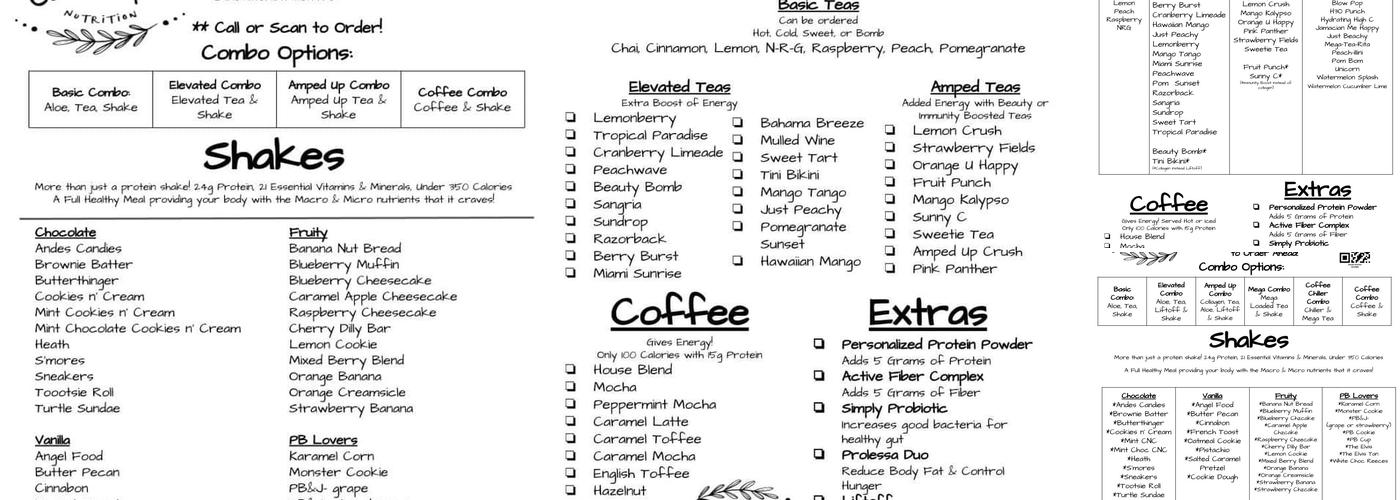 Elevate Nutrition Menu