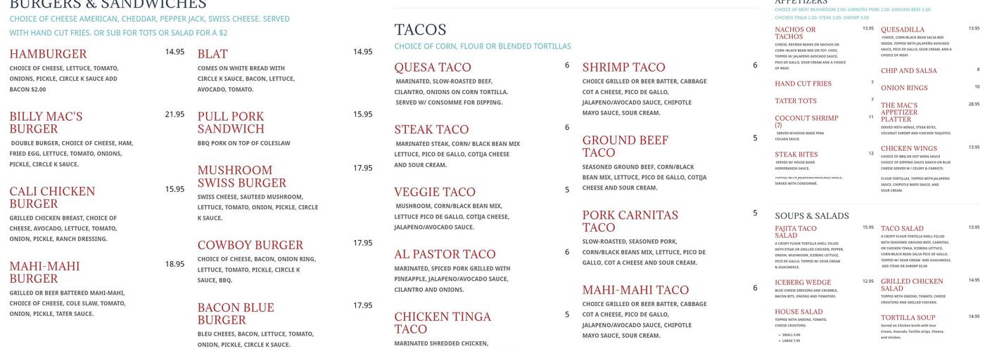 Billy Mac's Seaside Bar & Grill Menu