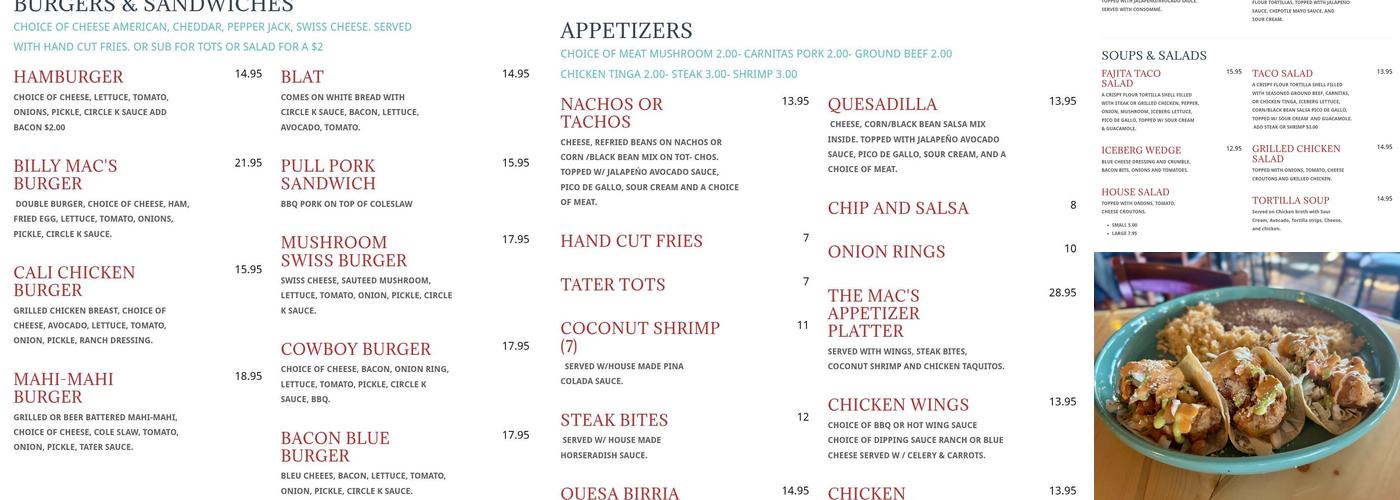 Billy Mac's Seaside Bar & Grill Menu