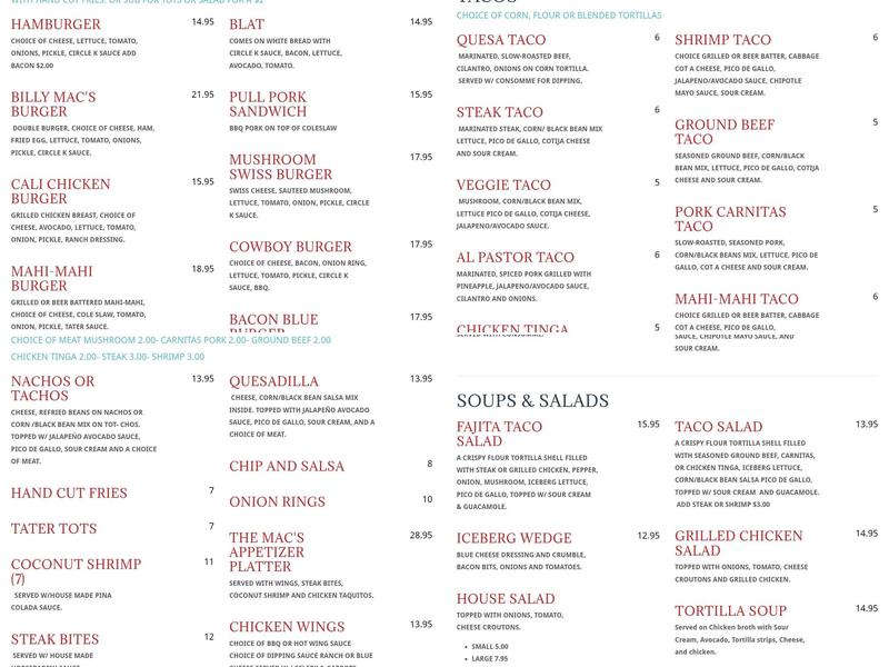 Billy Mac's Seaside Bar & Grill Menu