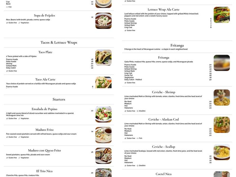 Tres Bro's Nicaraguan Seafood Grill Menu