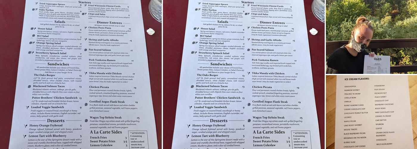 The Oaks Restaurant Menu