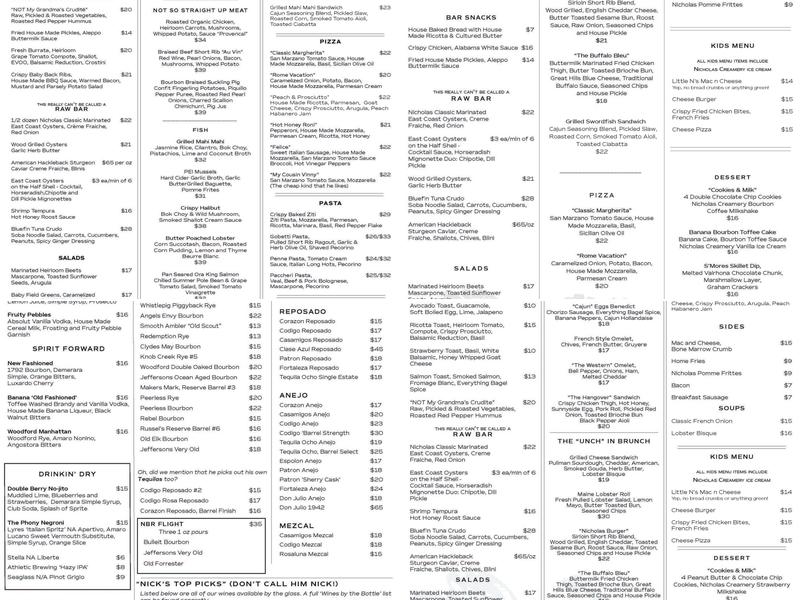 Nicholas Barrel & Roost Menu