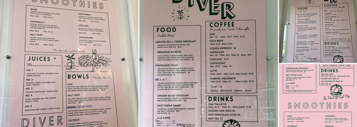 Diver Surfside Cafe Menu