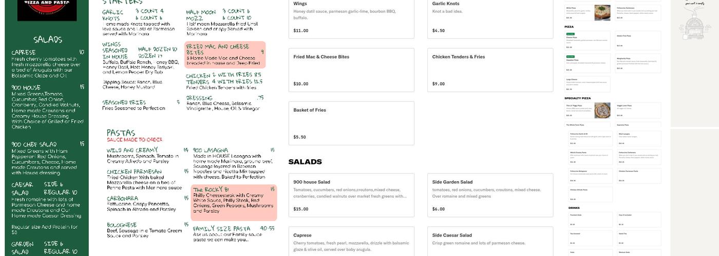 900º Pizza and Pasta Menu