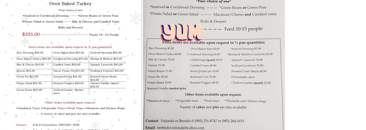 B & B Generations Menu