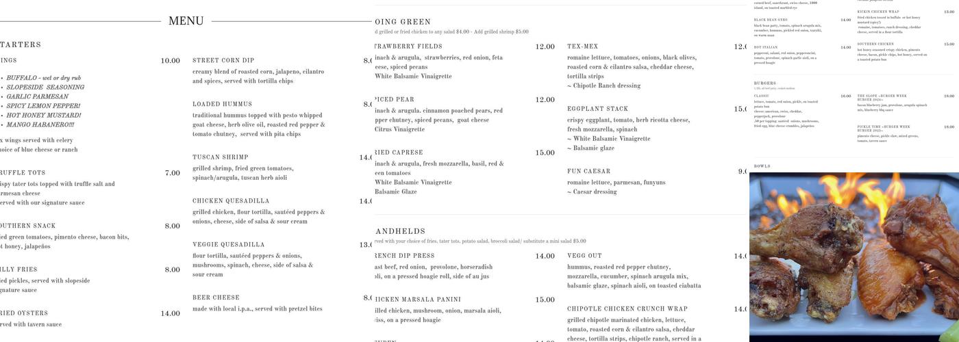 Slopeside Tavern Menu