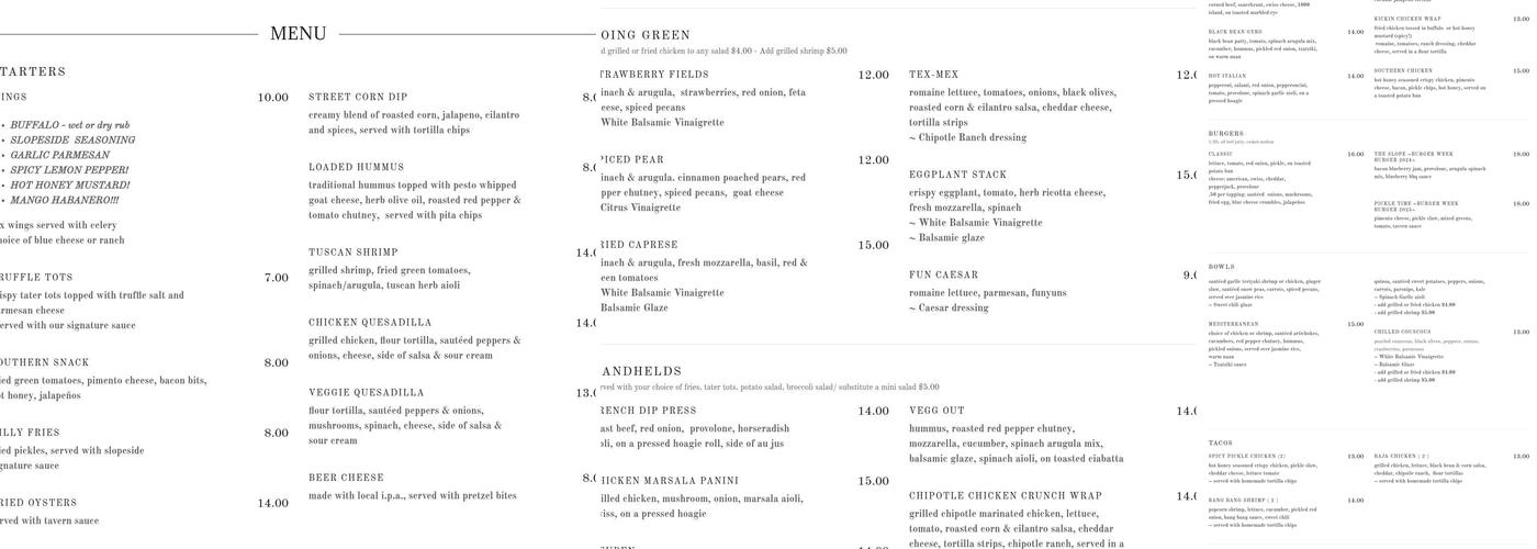 Slopeside Tavern Menu