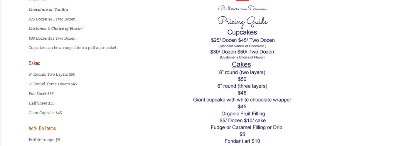 Buttercream Dreams 603 Menu