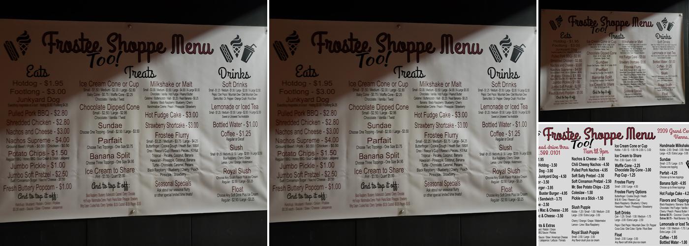 Frostee Shoppe, Too! - Vienna Menu
