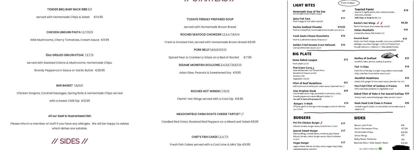 Roches Bar Menu